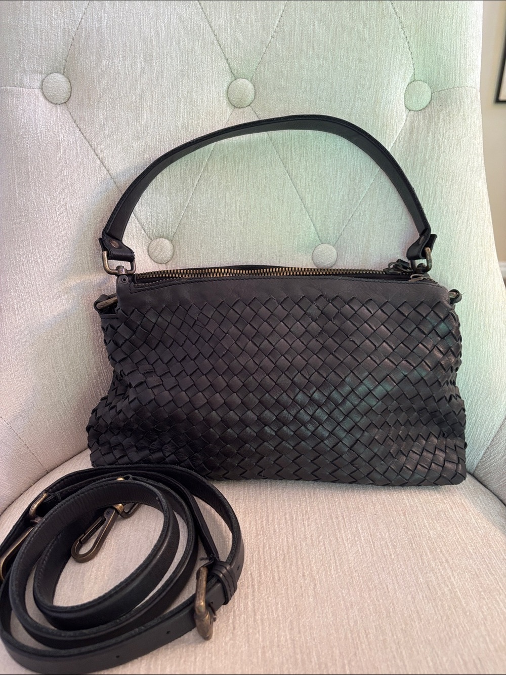 Valentina Black Woven Leather Shoulder Bag with Detachable Strap